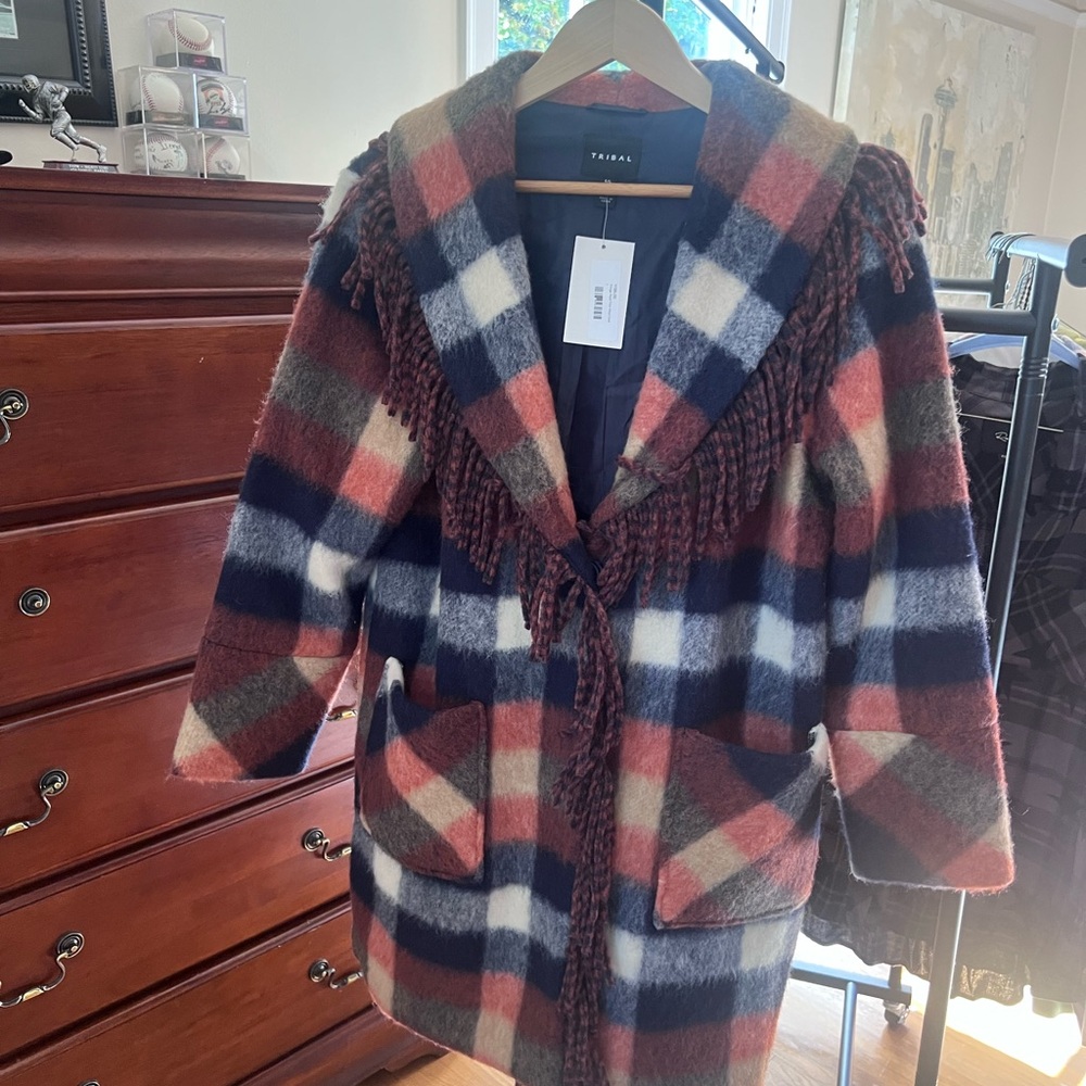 Tribal Multicolor Plaid Coat with Fringe